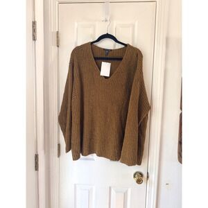 EILEEN FISHER Textured Knit V Neck Oversized Sweater Top Ochre Brown Size XL